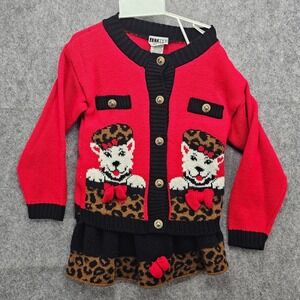 Jet Set Sweaters Vintage Kids Red Leopard Puppy Knit Cardigan‎ Skirt Set Size 6
